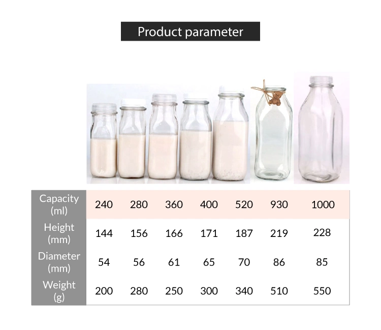 Wholesale 1liter Square Clear Glass Milk Bottle 240ml 360ml 400ml 500ml 930ml Glass Bottle for Milk Juice