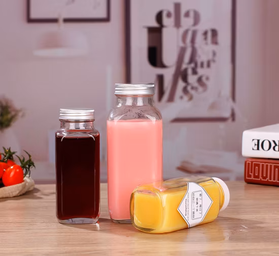 16온스 로고 인쇄가 있는 빈 프렌치 스퀘어 유리 주스 우유 물 음료 병