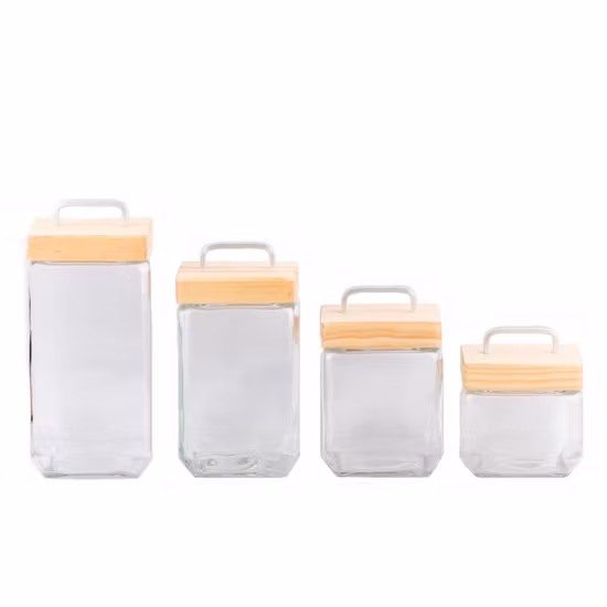 사각 유리병/유리 저장병/유리 식품 용기/유리 제품/사각형 나무 뚜껑이 있는 유리병