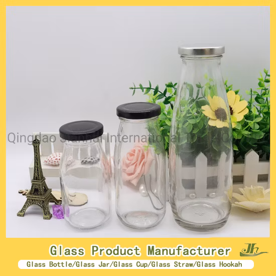 냉간 압착 주스 250ml 300ml 500ml 16oz 투명 프렌치 스퀘어 우유 음료 유리병(플라스틱 나사 캡 포함)